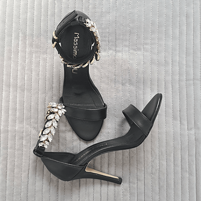 Black leather heels with diamanté ankle strap 