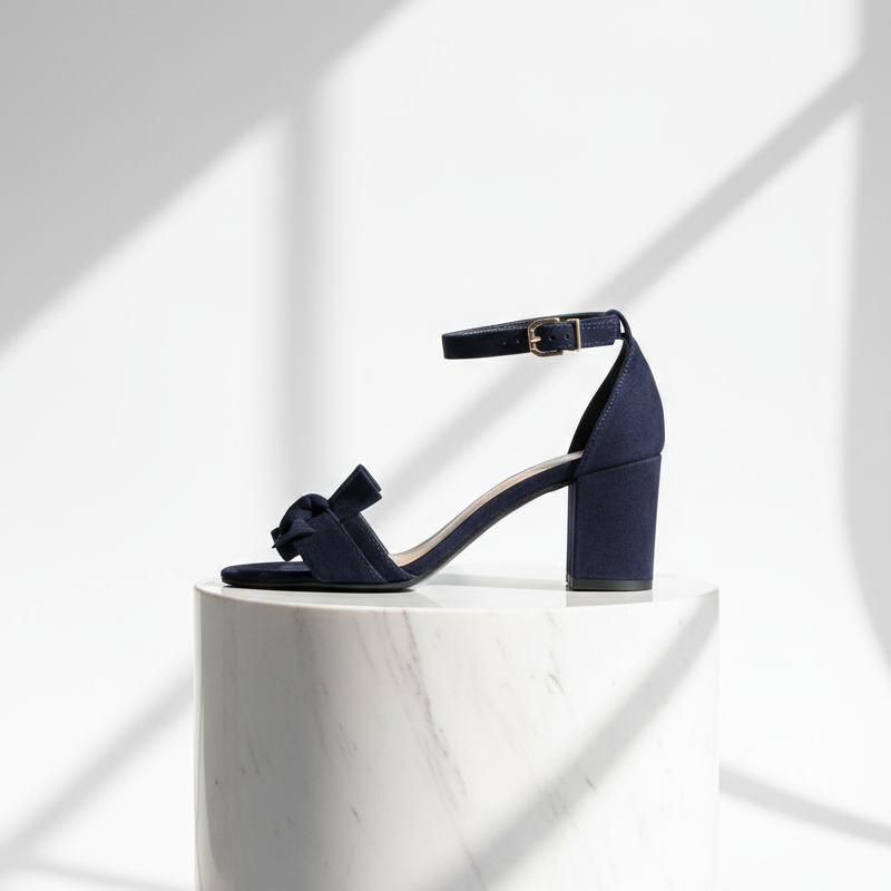 Navy blue sandal with a block heel on a white pedestal against a light background