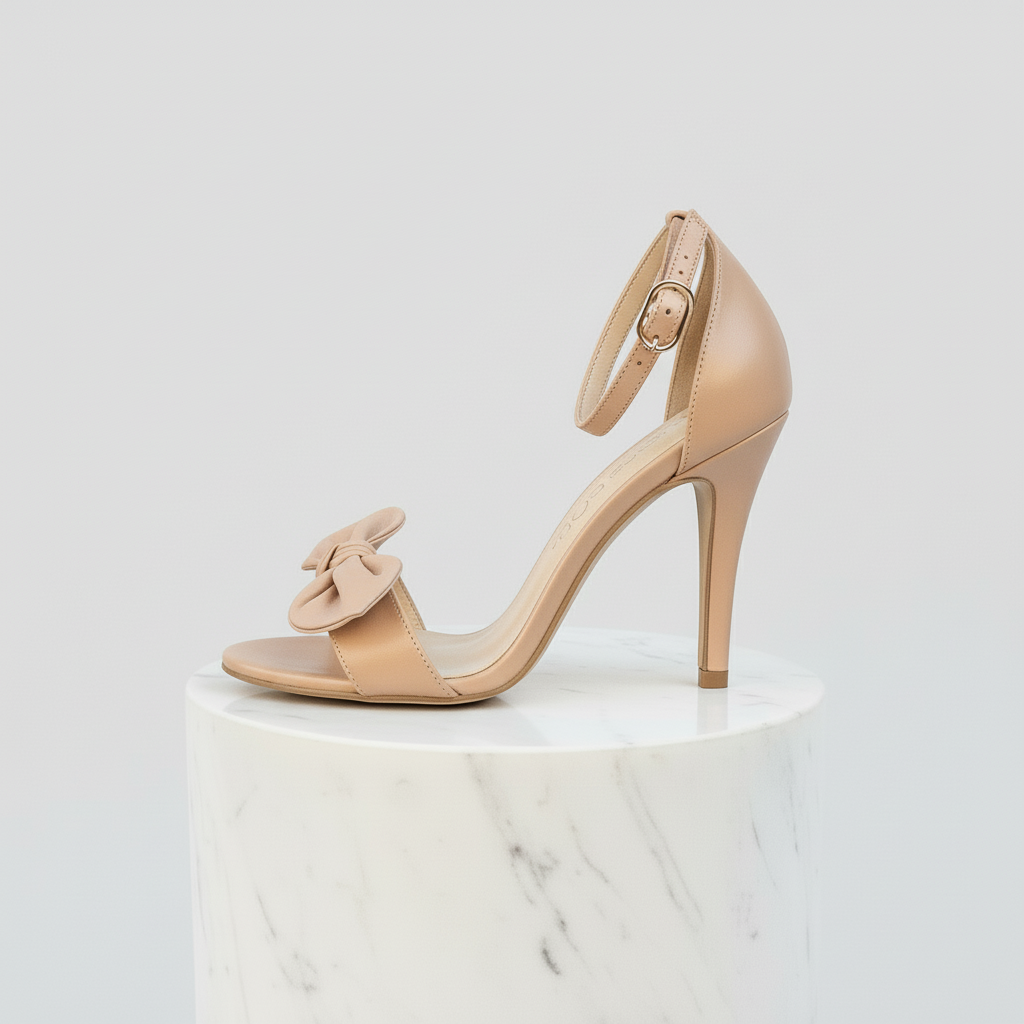 Nude high-heeled shoe on a white marble pedestal with a light gray background