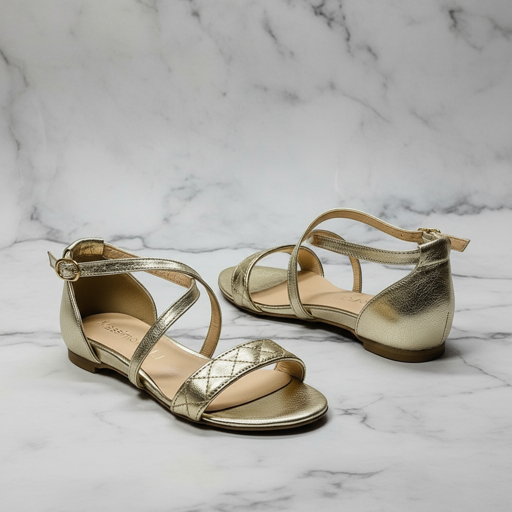 Gold sandals on a marble background
