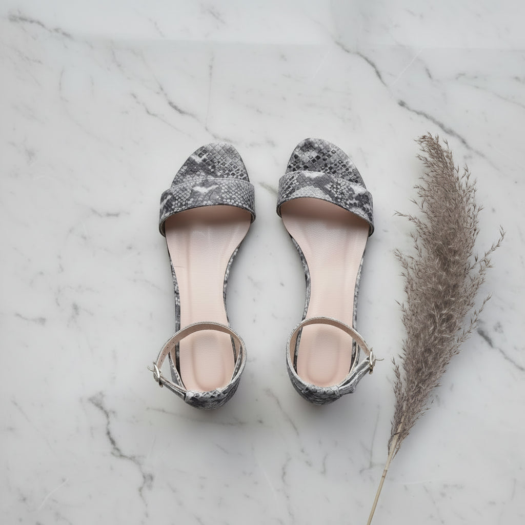 Pair of silver glittery high heels on a marble surface with a dried plant.