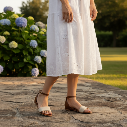 Person wearing a white dress with floral patterns and sandals standing on a stone path with flowers in the background.