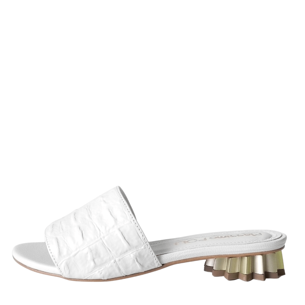 Petite open toe mules in white leather with a gold heel