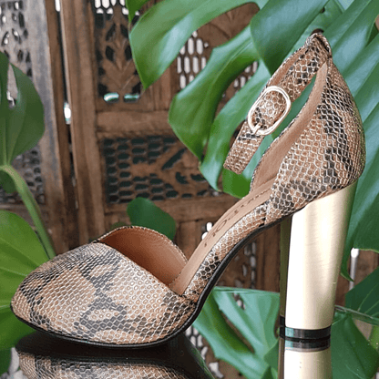 Petite ankle strap sandal in brown and gold