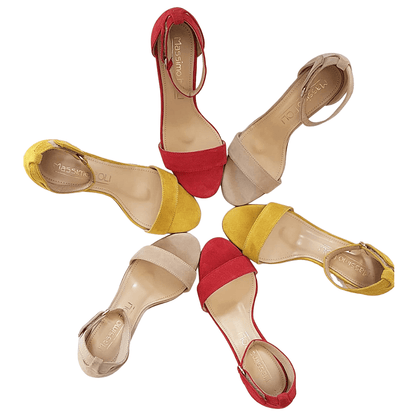 Collection of summer sandals in red, nude and yellow colours