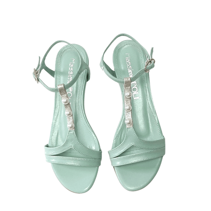 Open toe summer sandals in mint leather with decorative pearls