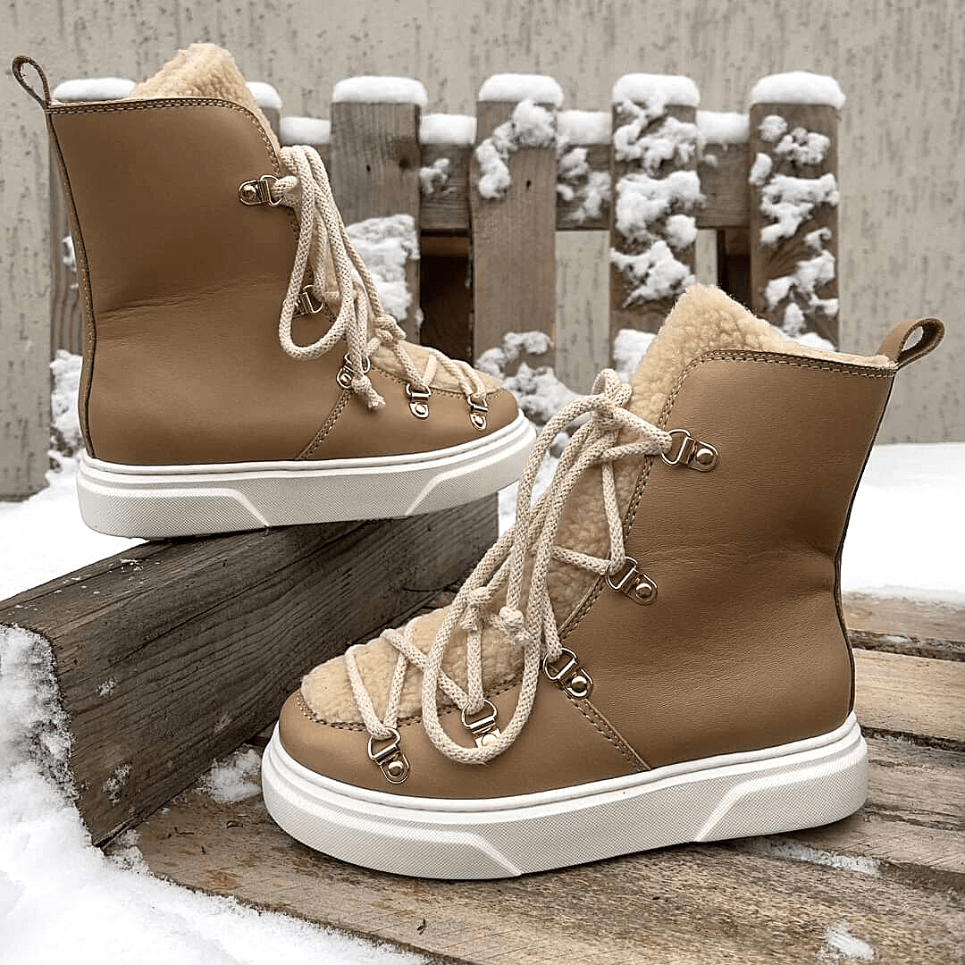 Chunky sole, beige leather stomper combat boots