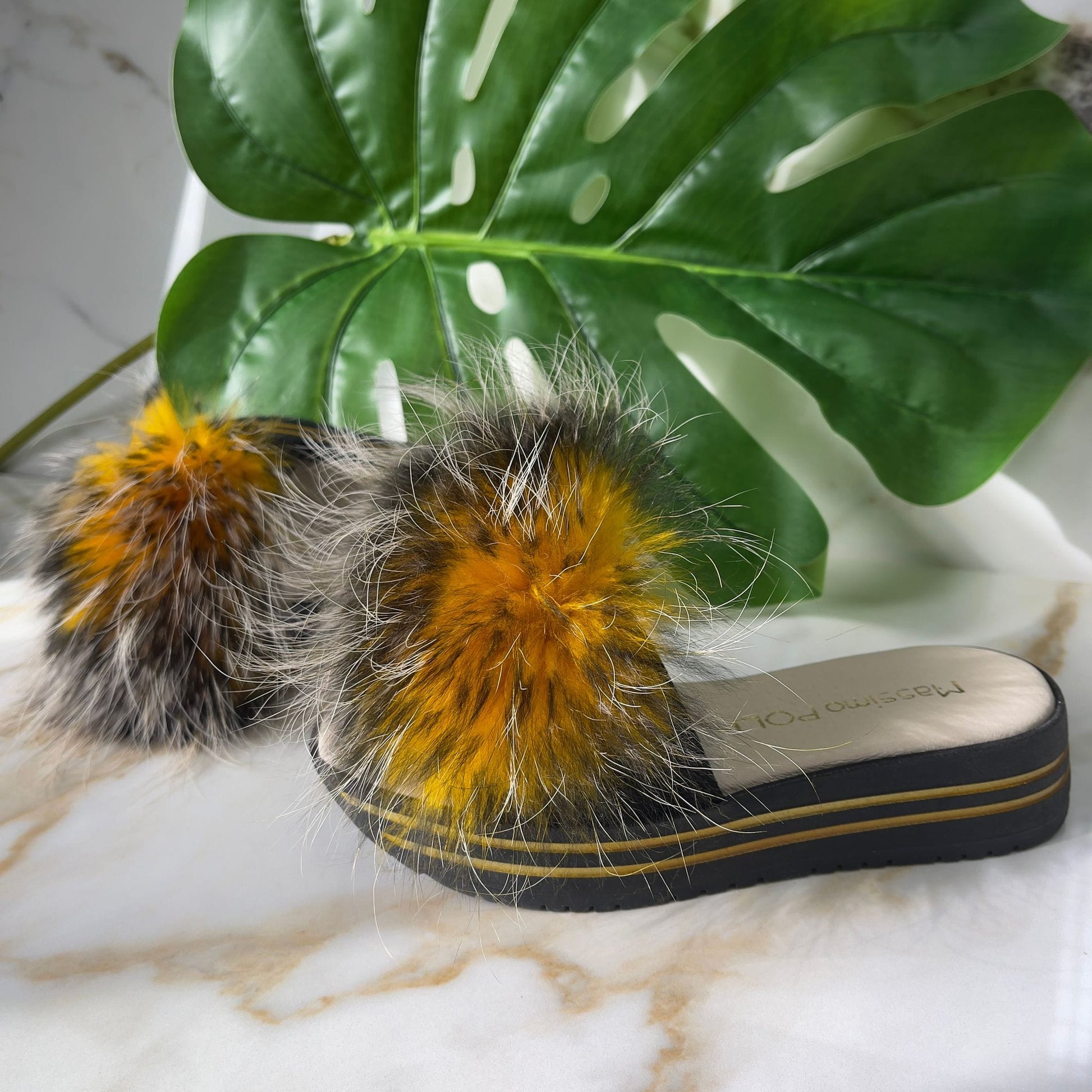 Petite fur pom pom slip on sandals