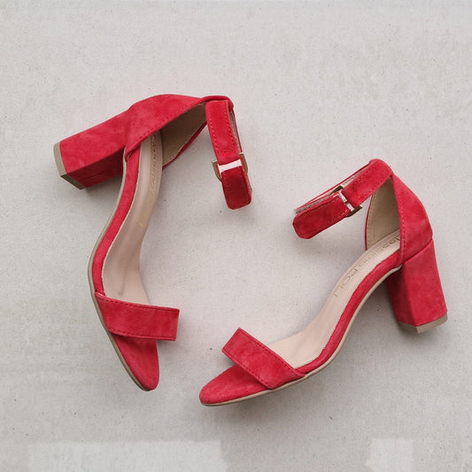 Petite size red suede strap sandals set on a block heel