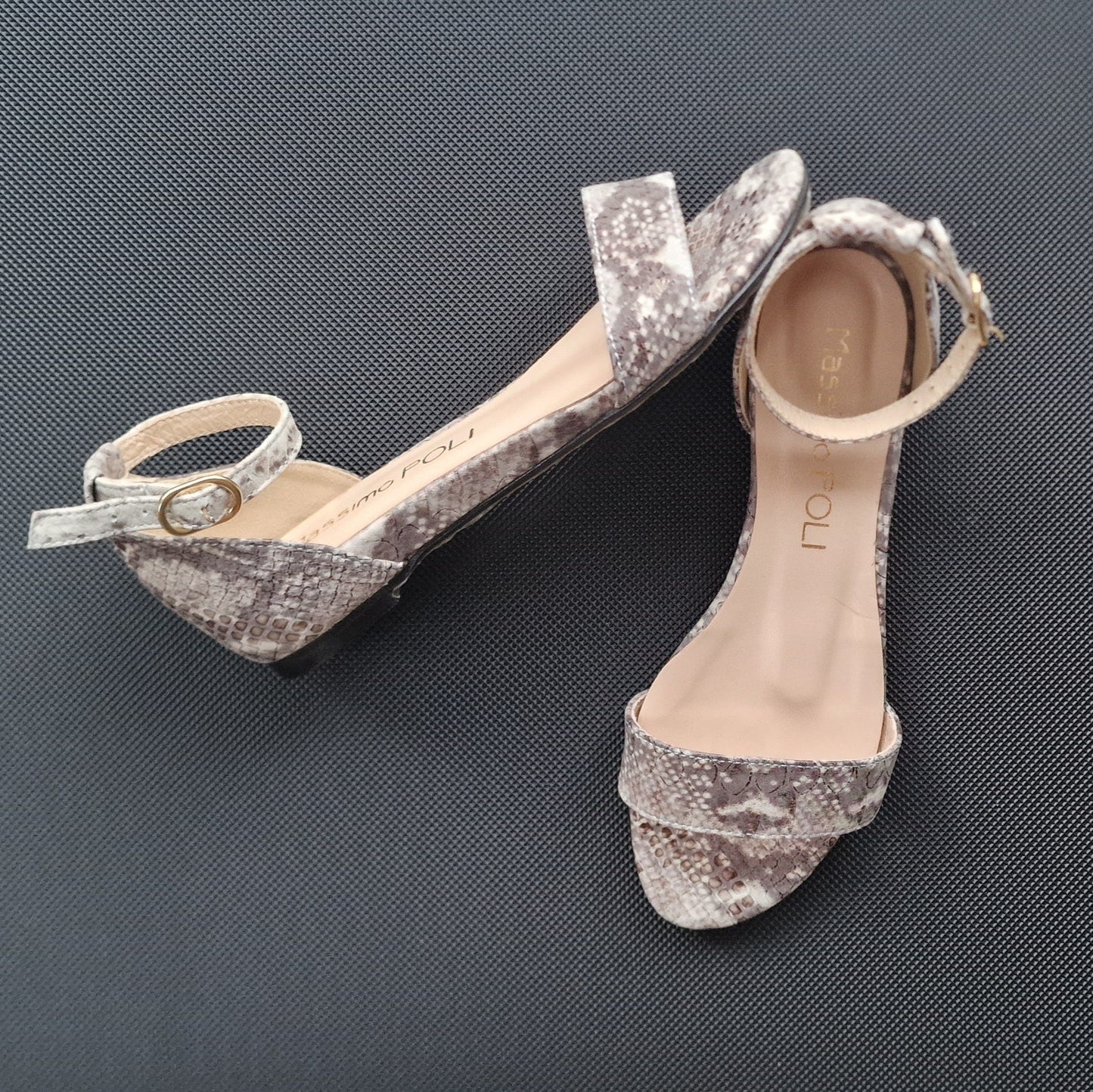 Small size ladies flat sandals in grey snake leather
