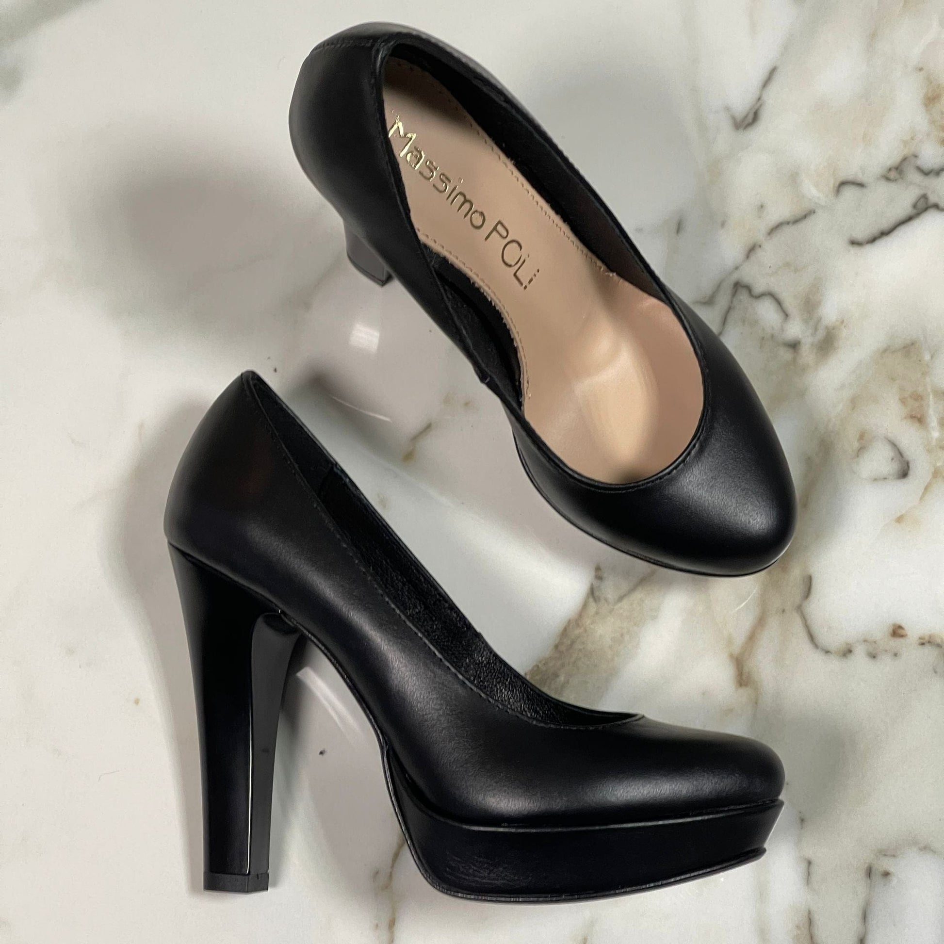 Almond toe high heel platform court shoes in black leather