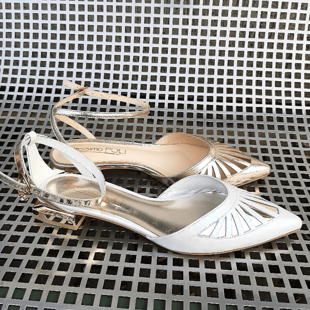 White and gold leather flat ankle strap court shoes 