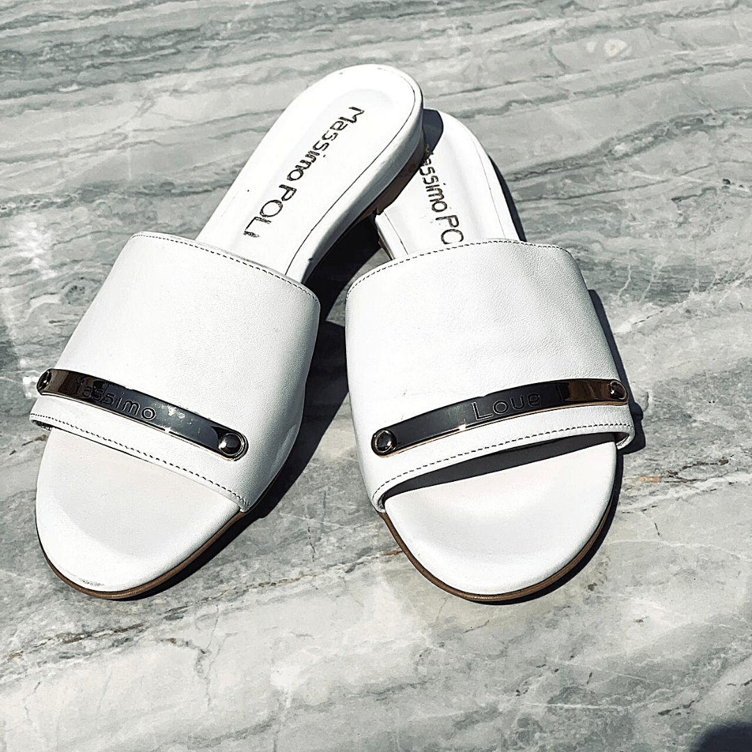 White leather ladies slider sandals