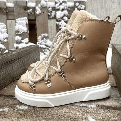 Lace up stomper boots in beige leather