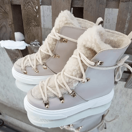 Beige leather lace up stomper boot