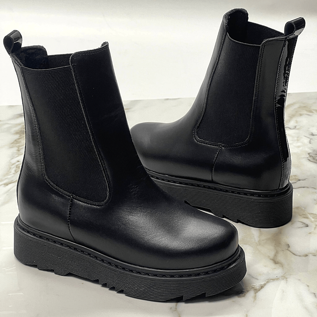 Black leather petite stomper boots for ladies