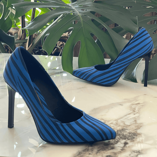 High heel court heels in black and blue  zebra pattern leather