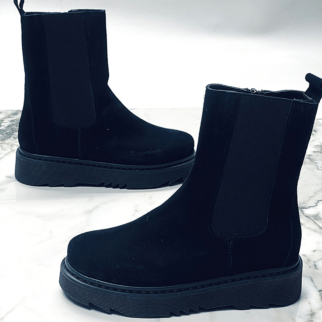 Petite size ladies stomper boots in black suede