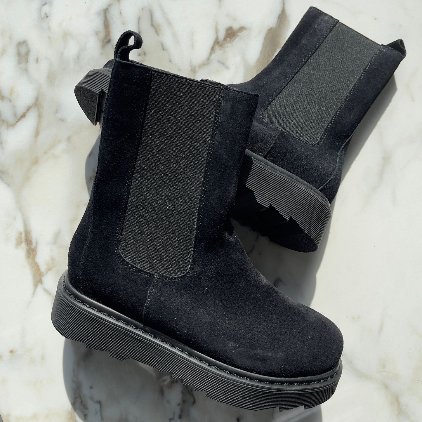 Petite black suede leather stomper boots.