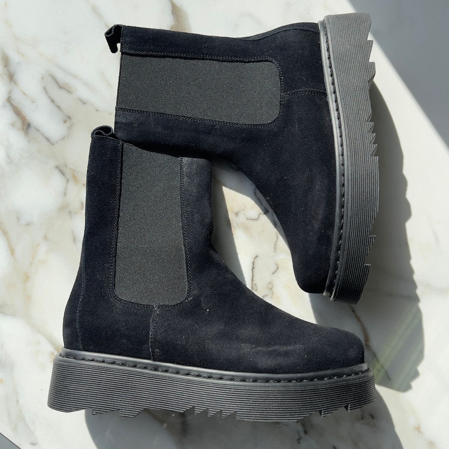 Petite black suede leather stomper boots.