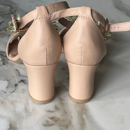 Block heel petite size sandals in nude leather