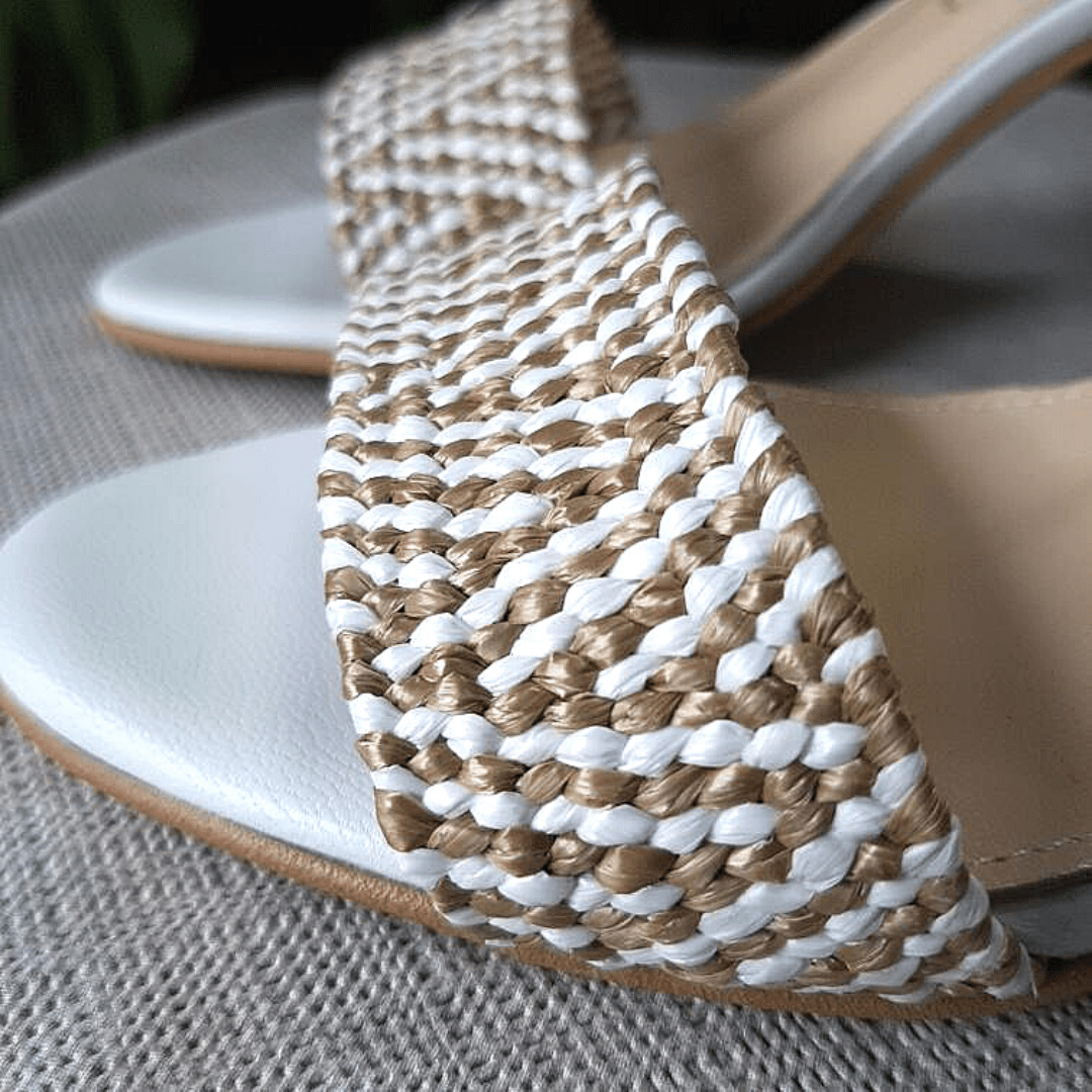 White strappy mid heel sandals