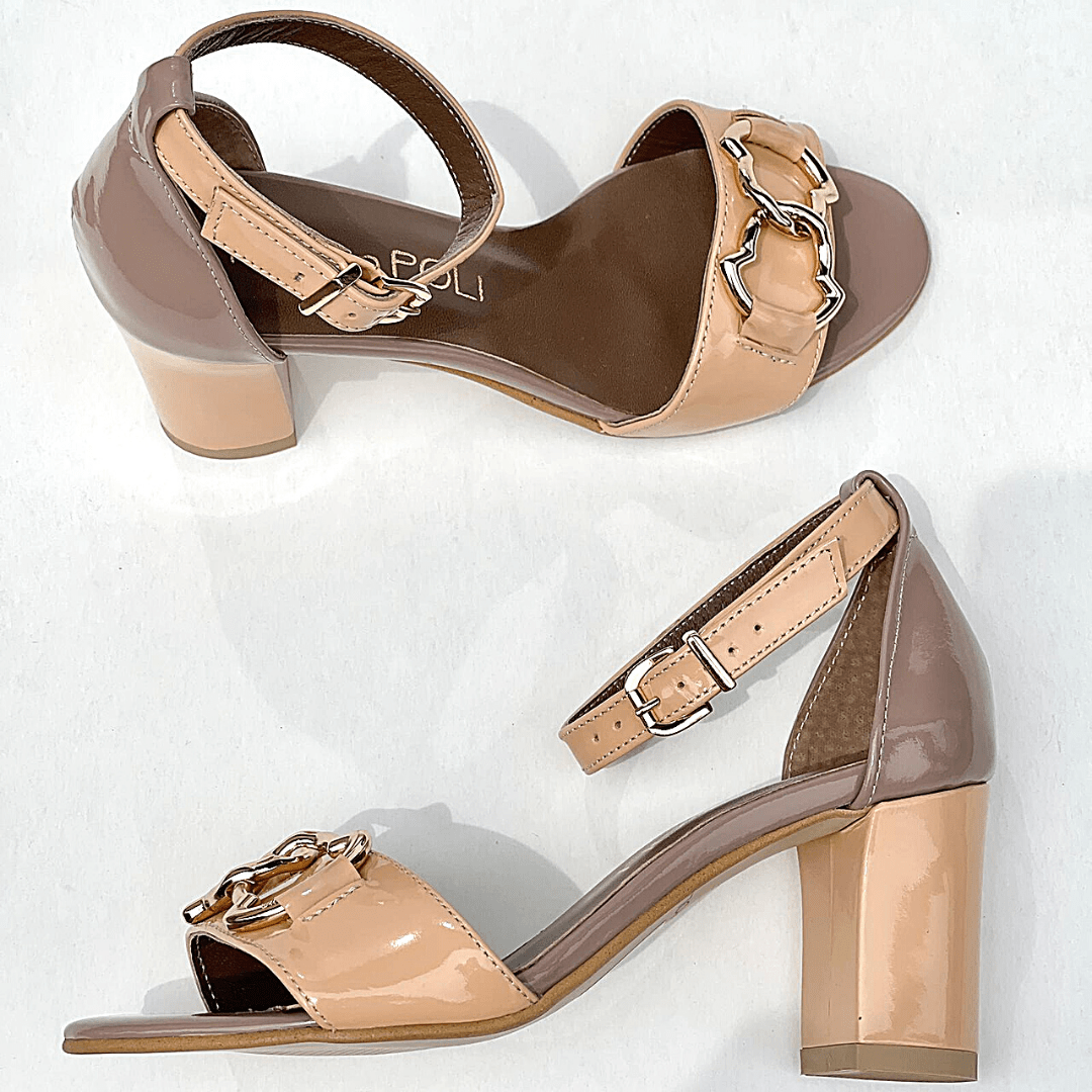 Nude and beige strap leather sandals set on a block mid heel