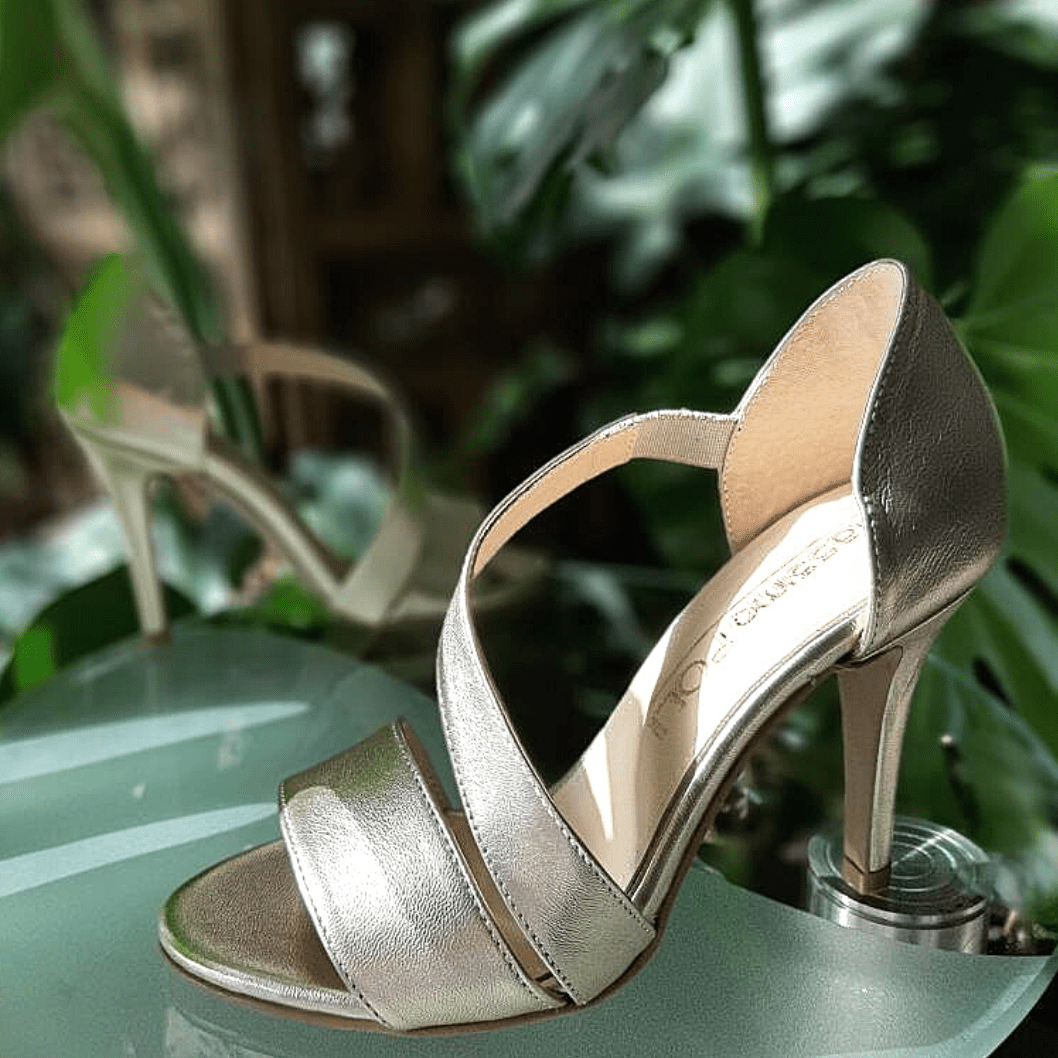 High heel gold leather strap sandals