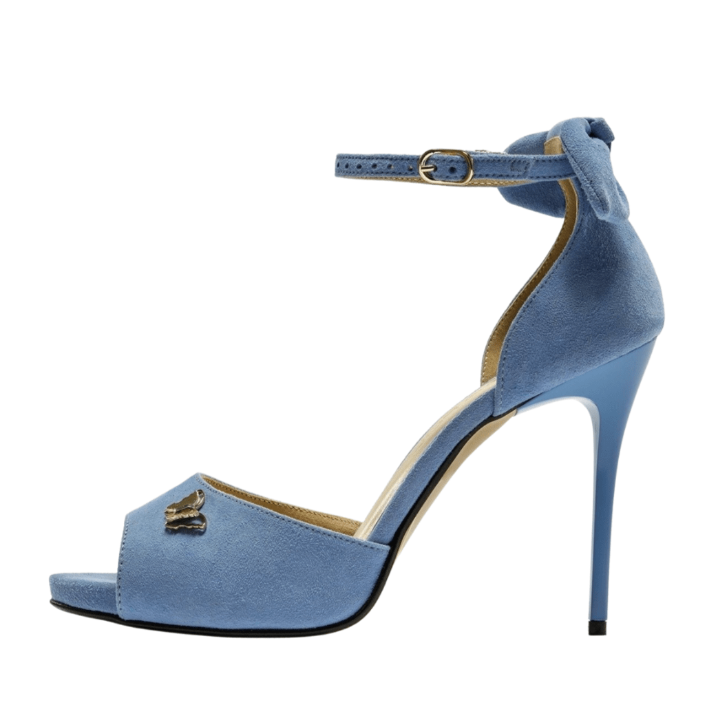 Blue suede ankle strap heels