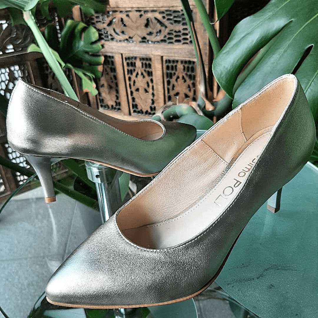 Platinum leather pointed toe heels