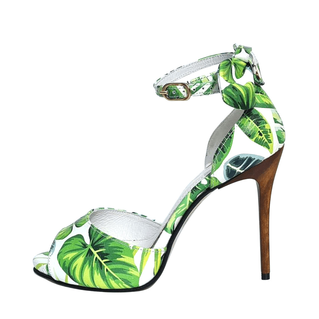 High heel ankle strap heels in leaf pattern