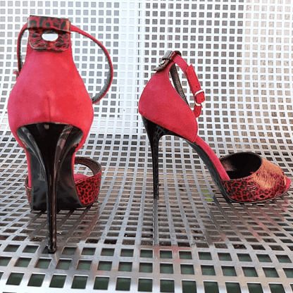 High heel platform sandals in black and red leather