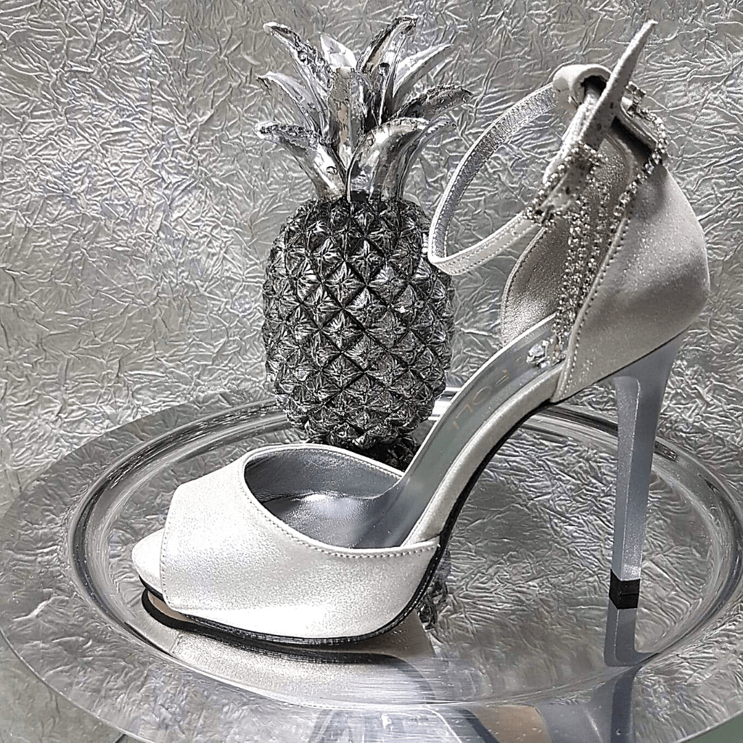 Ankle strap wedding sandals with a silver chain