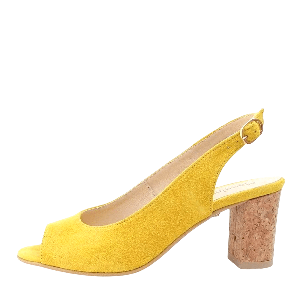 Cork heel slingback shoe in yellow suede