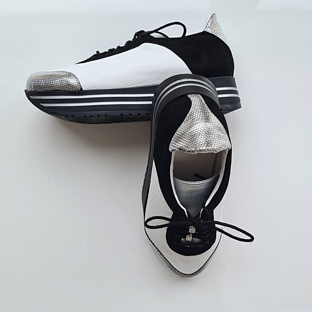 Black, silver and white leather sneaker shoes