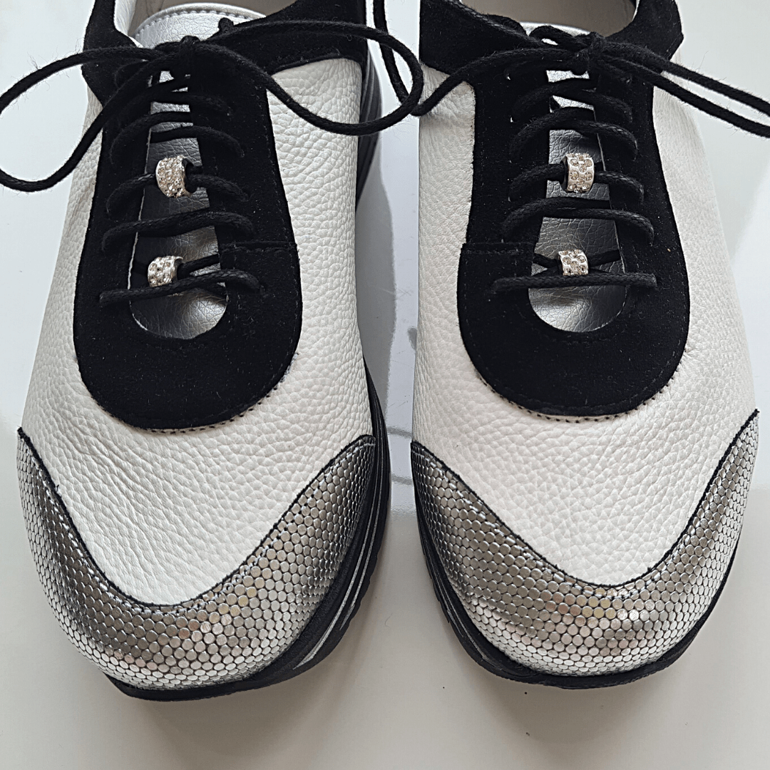 Silver and white leather ladies sneaker shoes