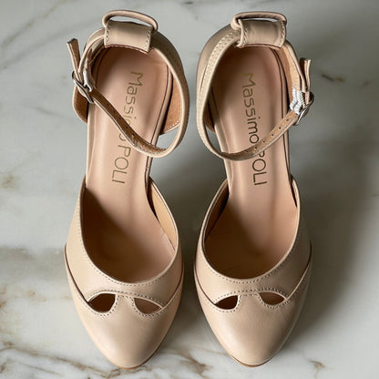 Almond toe genuine nude leather ankle strap petite heels
