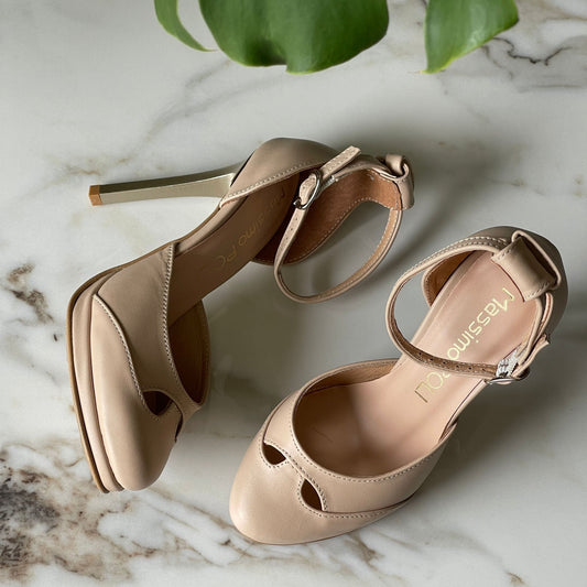 High heel petite size ankle strap heels in nude leather