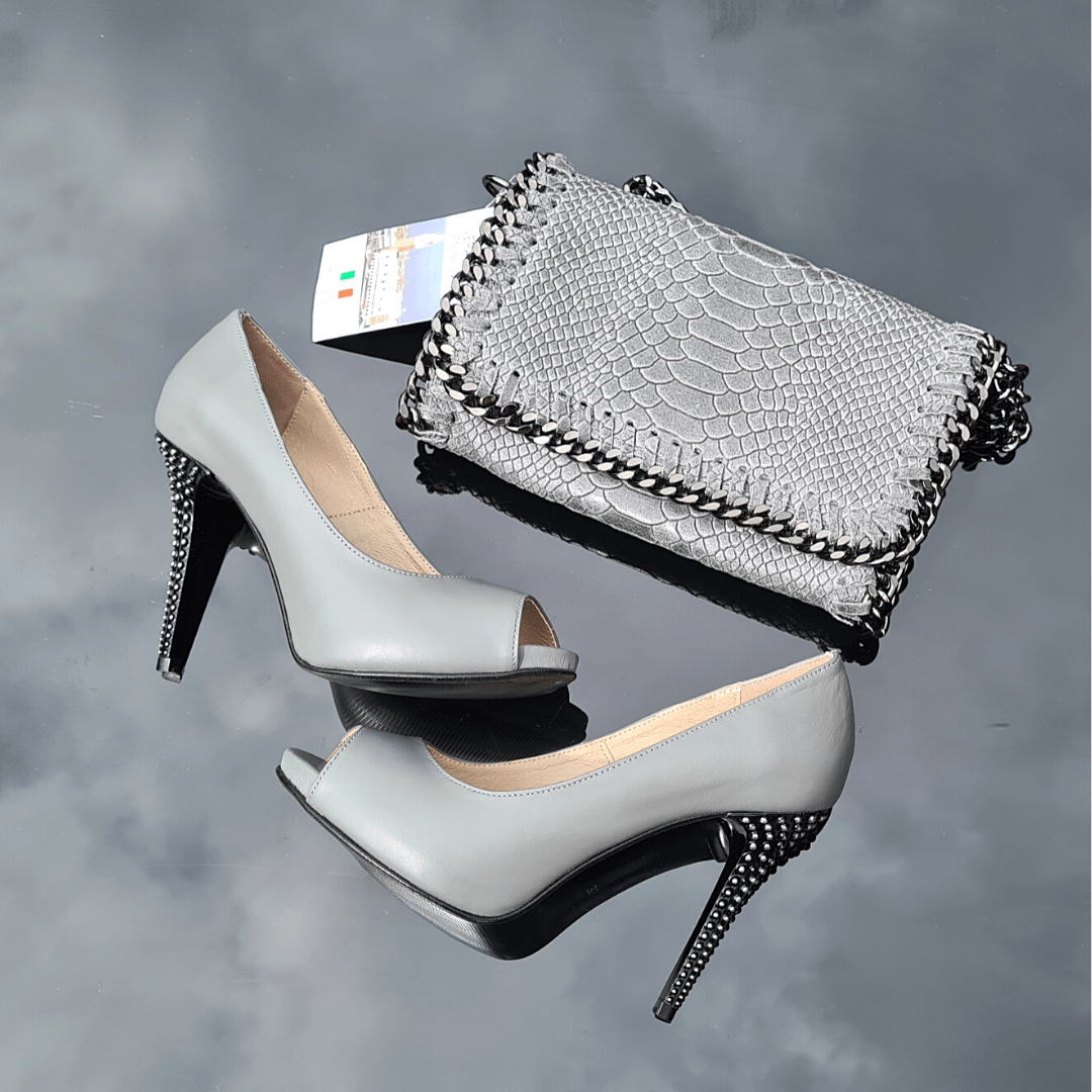 Petite size grey leather court heels and a matching grey leather clutch bag