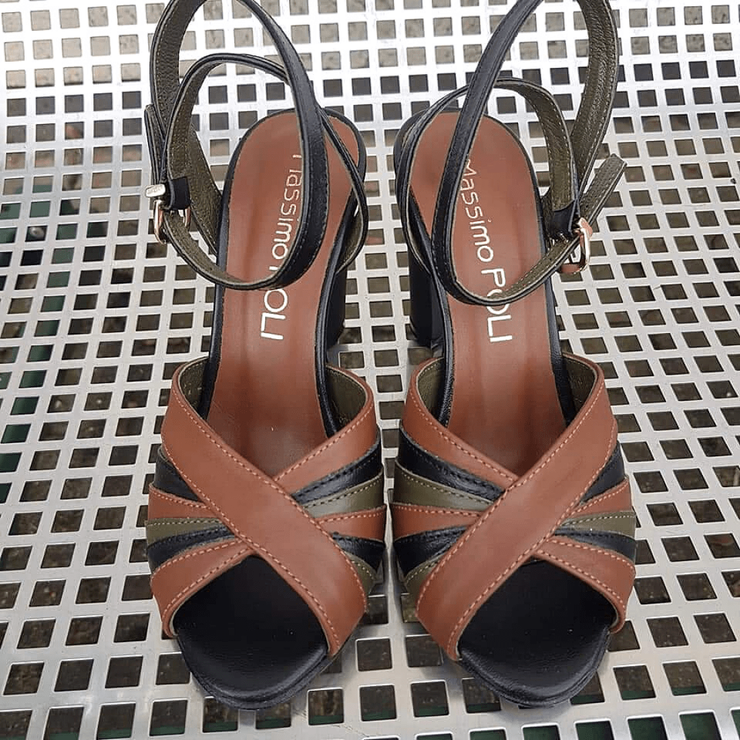 Open toe ankle strap sandals in brown, black and olive leather