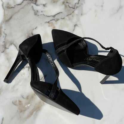 Black suede pointed toe court heels