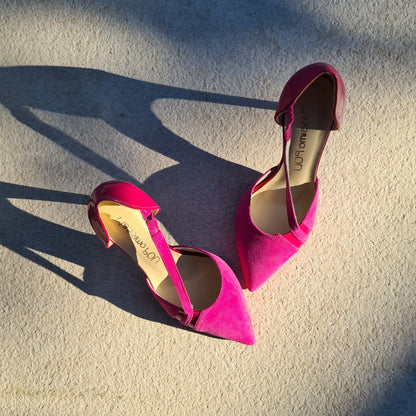 Pink suede pointed toe court heels