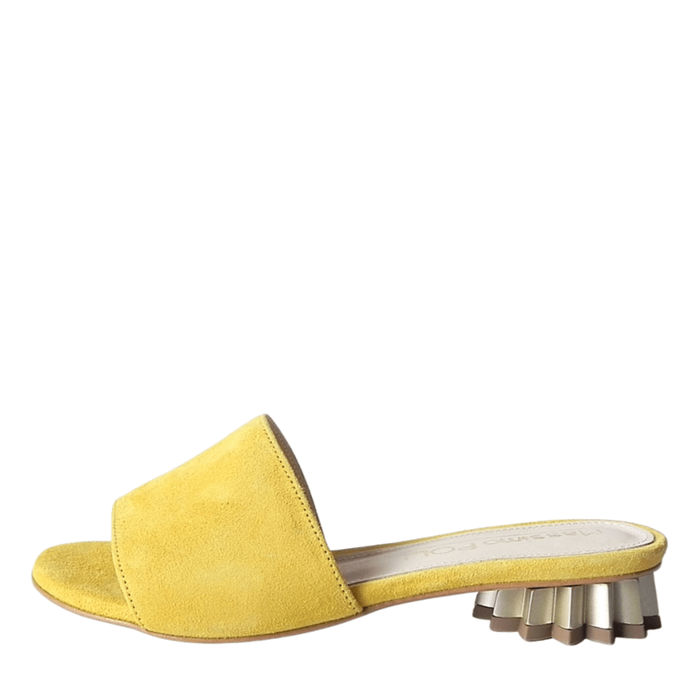 Petite open toe mules in yellow suede with a gold heel