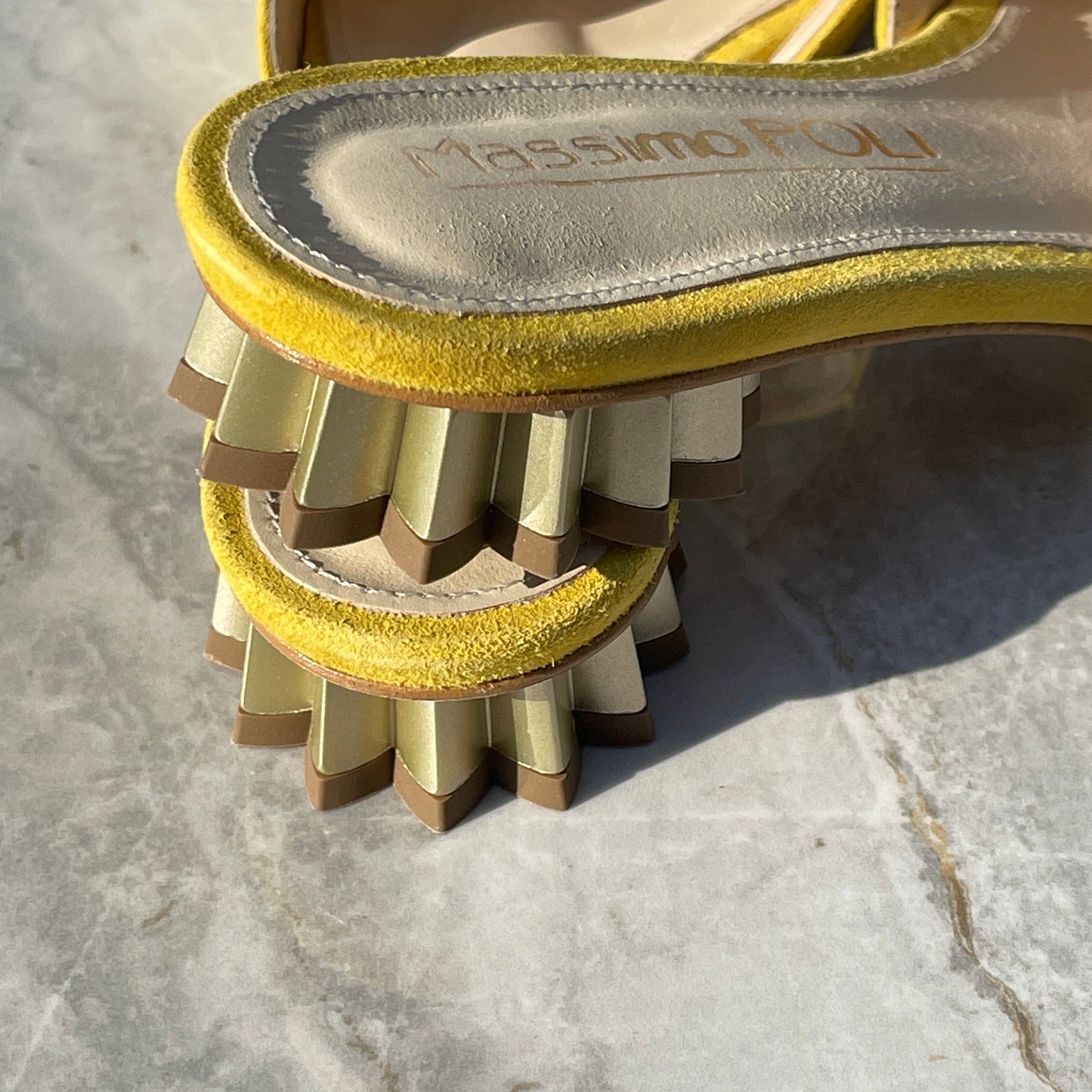 Ladies yellow suede slider shoes with gold kitten heel