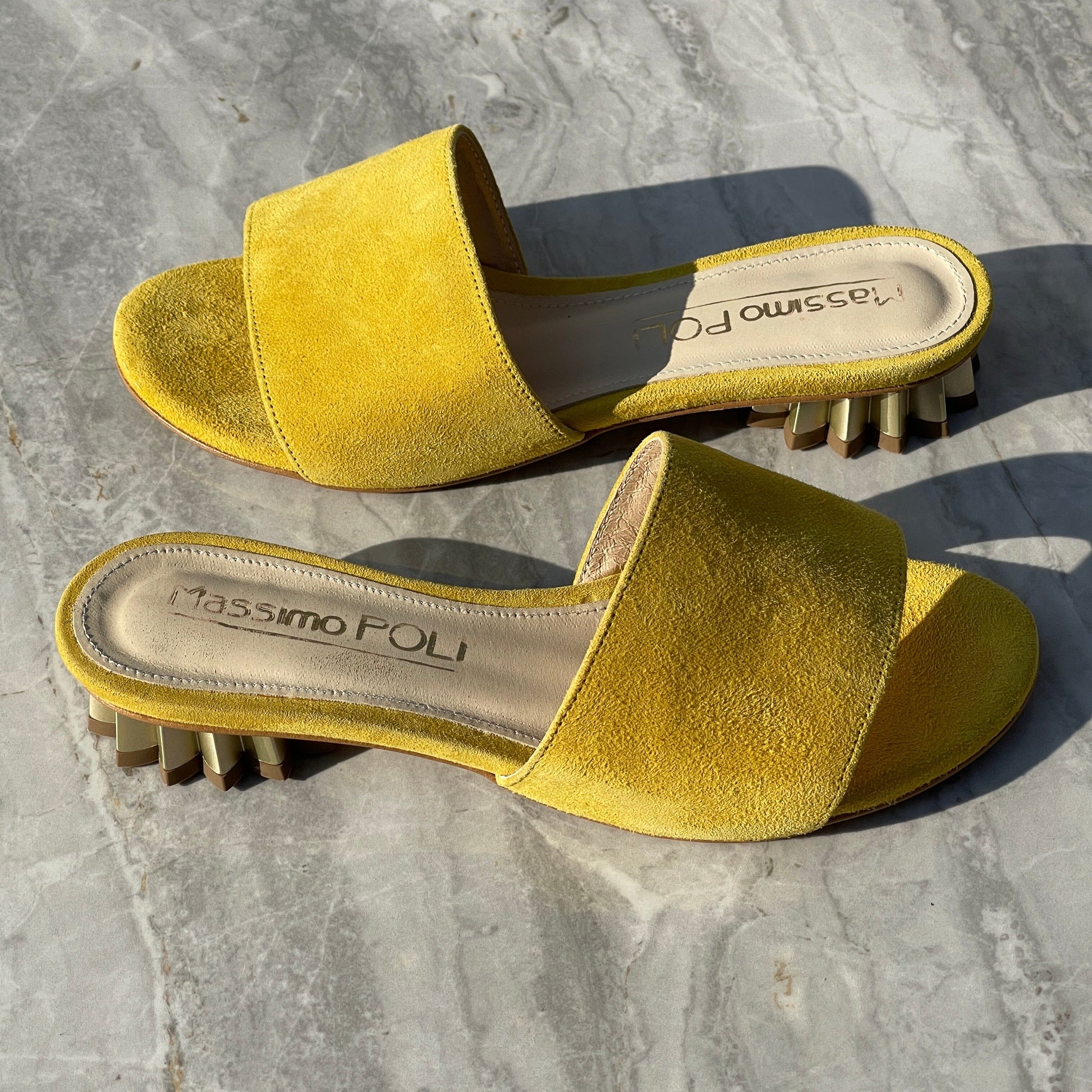 Ladies yellow suede slider shoes with gold kitten heel