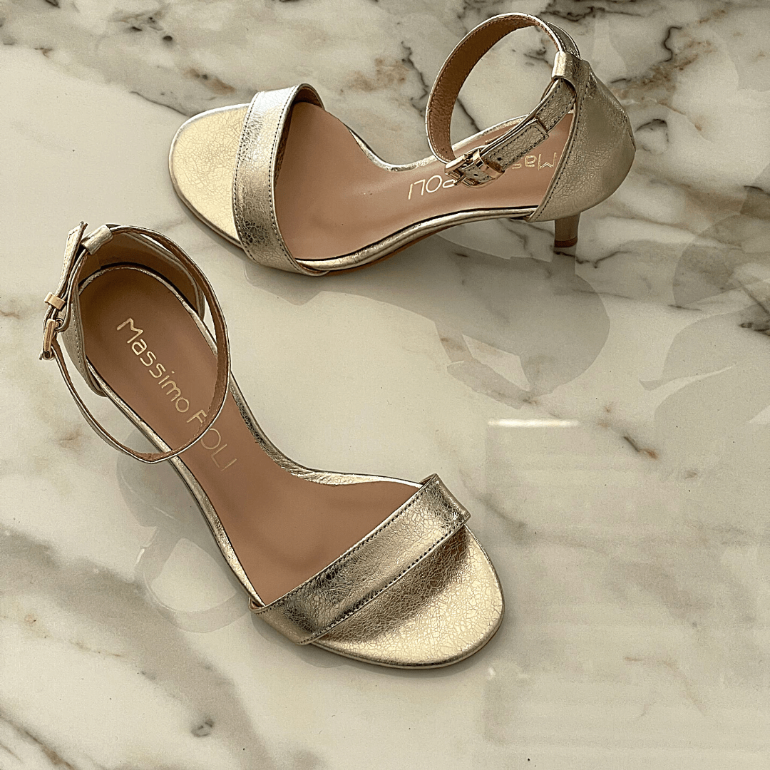 Kitten heel petite size strap sandals in gold leather