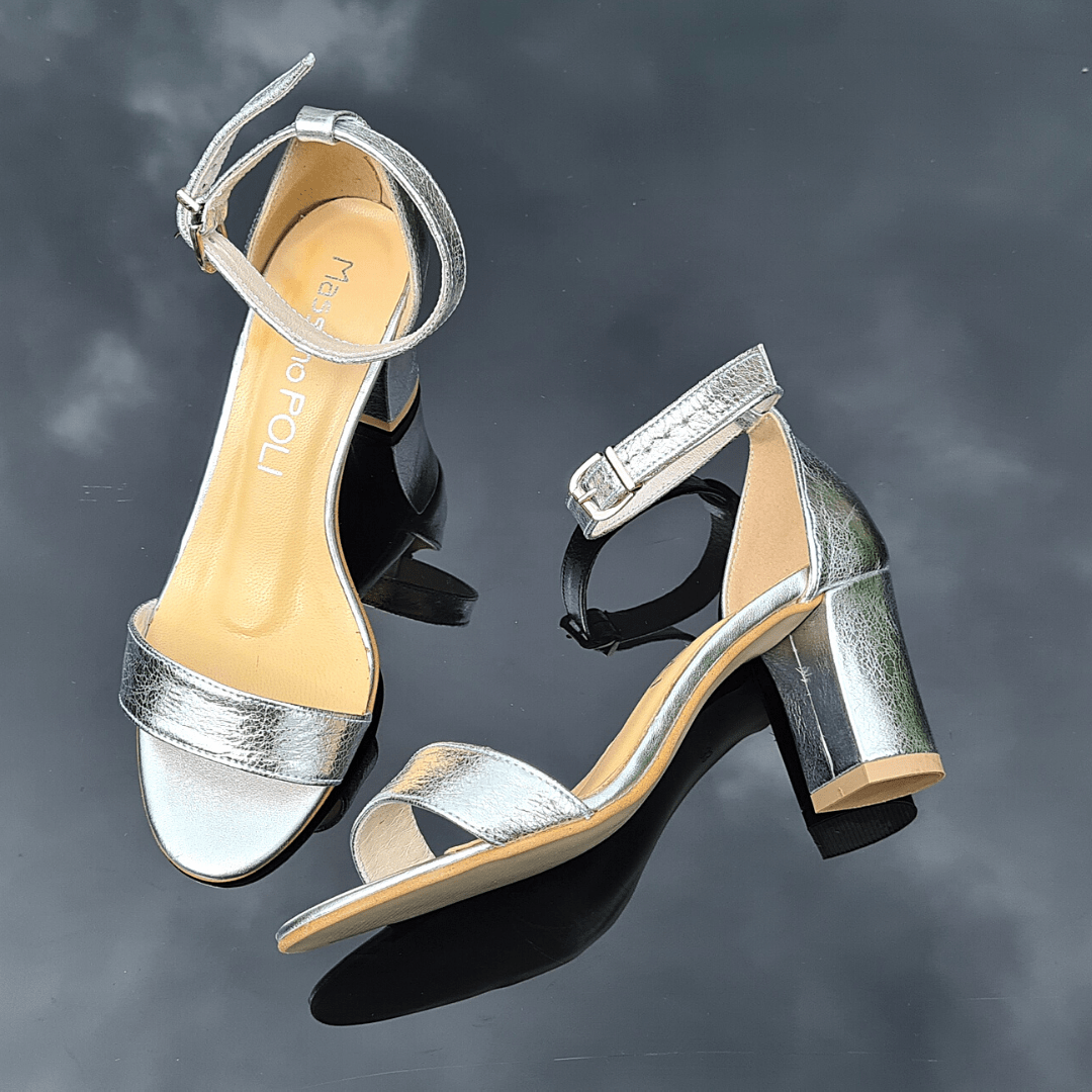 Ankle strap sandals in silver leather