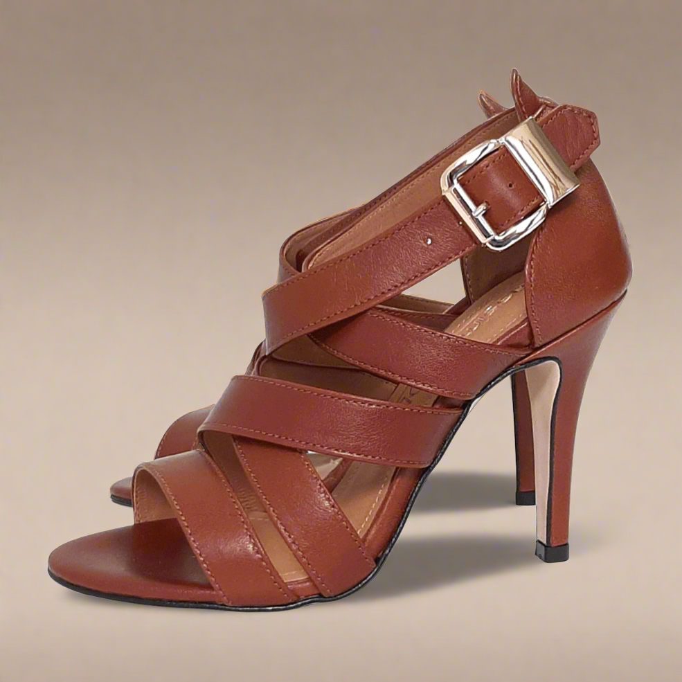 Tan leather cross strap sandals