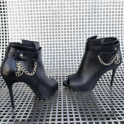 High heel open toe boots in black leather