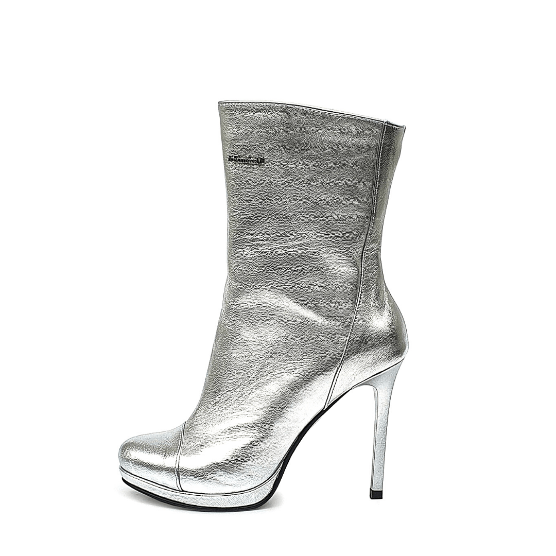 High heel platform boots in silver leather